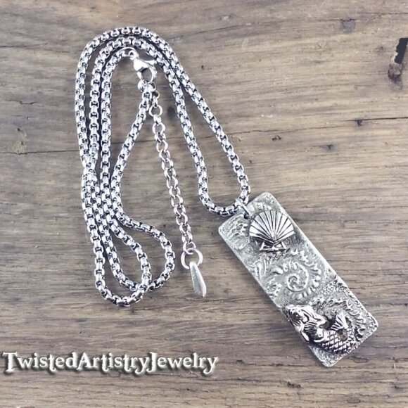 Mermaid, Sea Shell and Waves Seascape Rectangle Pendant Necklace - Picture 5 of 6